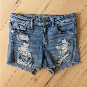 American Eagle Outfitters Women’s Midi Distressed Denim Shorts Lace Details
